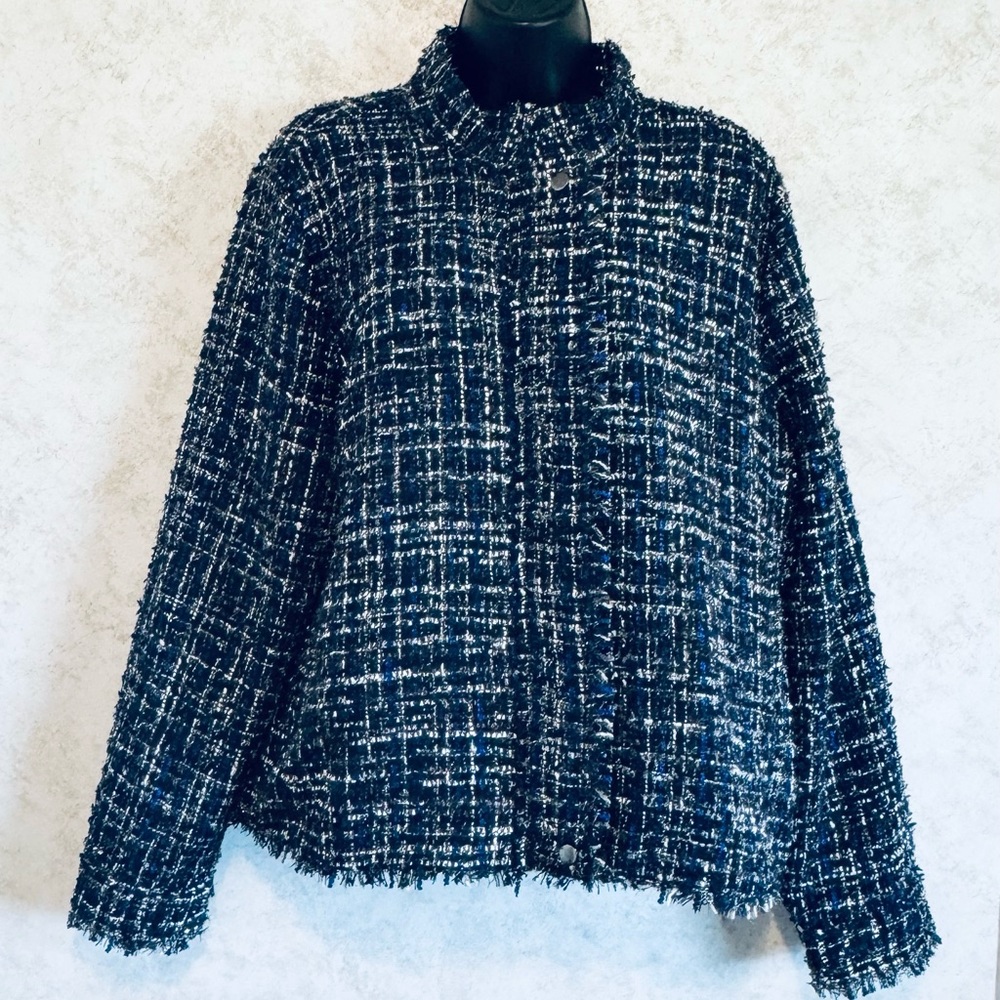 Apt 9 Women's Jacket Metallic Threads Eyelash Fringed Mock Neck Zipper Size XL